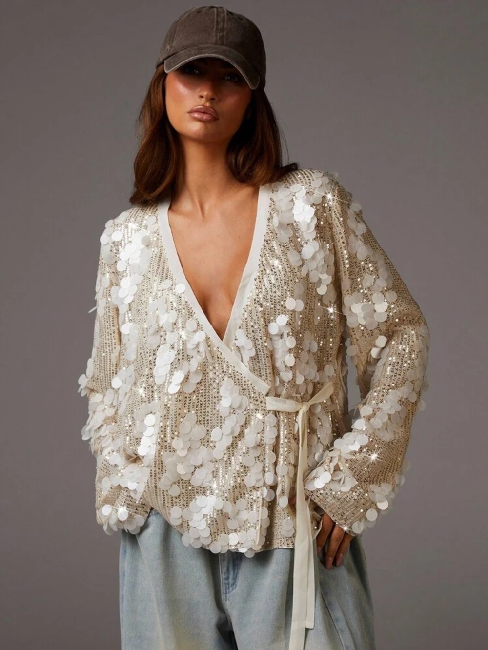 SHEIN Cream Sequin Wrap Blouse with Ribbon Tie